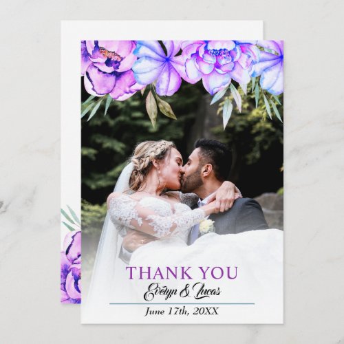 Purple watercolor flowers floral fall wedding thank you card