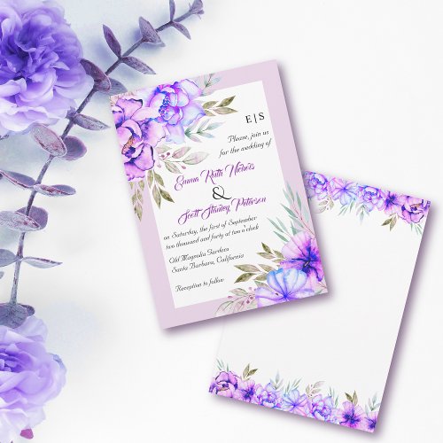 Purple watercolor flowers floral lilac wedding invitation