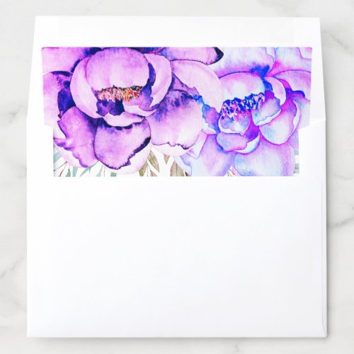 Purple watercolor flowers floral wedding envelope liner