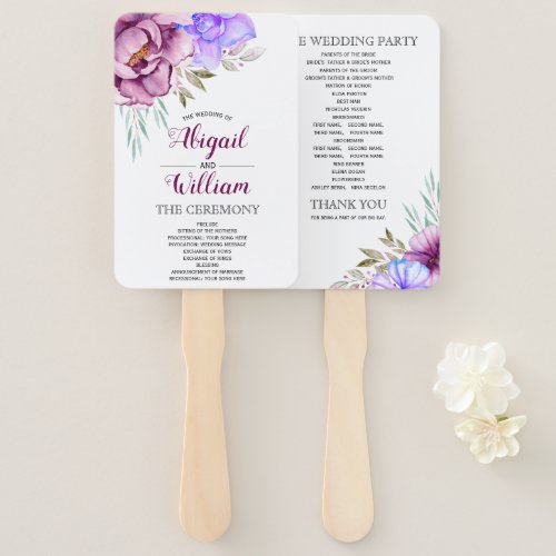 Purple watercolor flowers floral wedding program hand fan