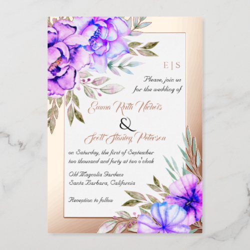 Purple watercolor flowers floral wedding rose gold foil invitation