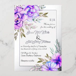 Purple watercolor flowers floral wedding silver foil invitation