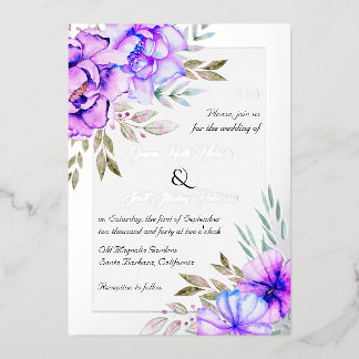 Purple watercolor flowers floral wedding silver foil invitation