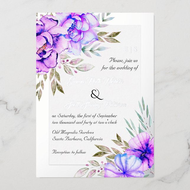 Purple watercolor flowers floral wedding silver foil invitation (Front)