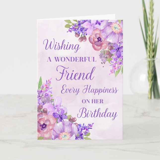 Purple Watercolor Flowers Friend Birthday Card (Front)