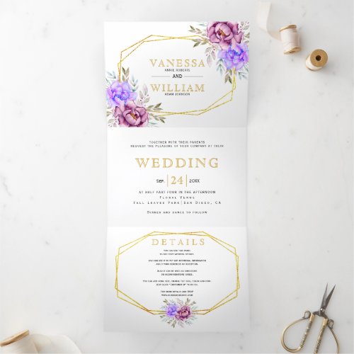 Purple watercolor flowers gold typography wedding  Tri_Fold invitation
