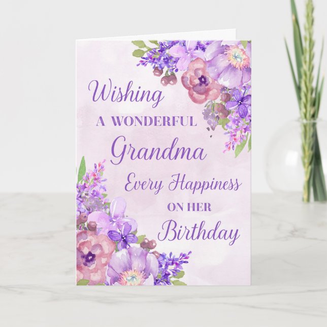 Purple Watercolor Flowers Grandma Birthday Card (Front)
