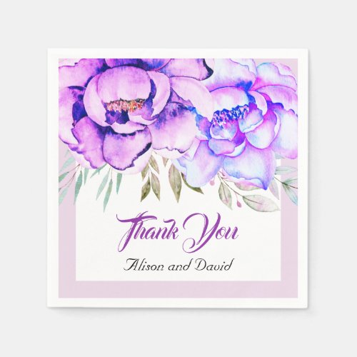 Purple watercolor flowers lilac floral wedding napkins