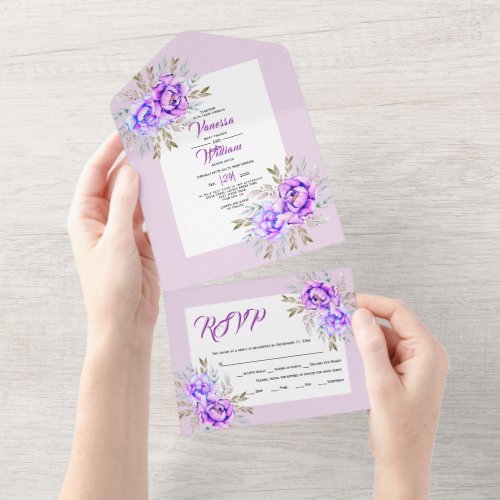 Purple watercolor flowers lilac wedding all in one all in one invitation