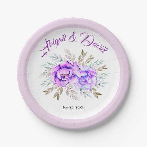 Purple watercolor flowers lilac wedding paper plates