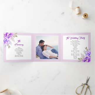 Purple watercolor flowers lilac wedding photo Tri-Fold program