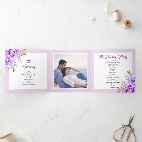 Purple watercolor flowers lilac wedding photo Tri_Fold program