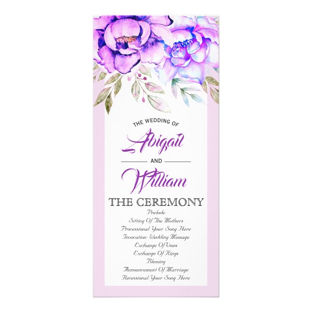 Purple watercolor flowers lilac wedding program (Front)
