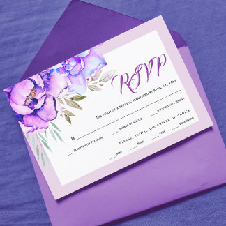 Purple watercolor flowers lilac wedding RSVP card