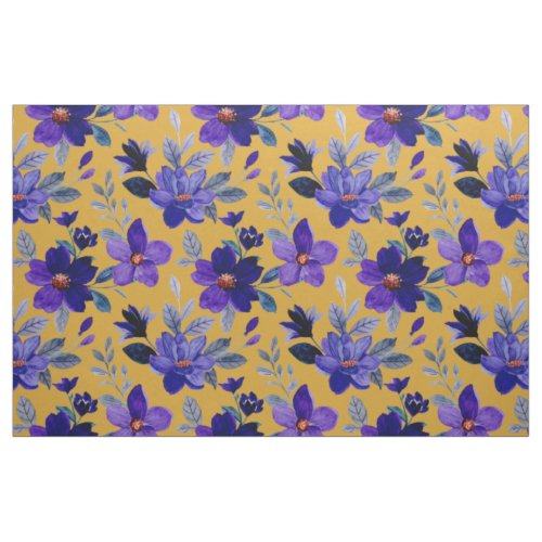 Purple Watercolor Flowers Mustard Yellow Botanical Fabric
