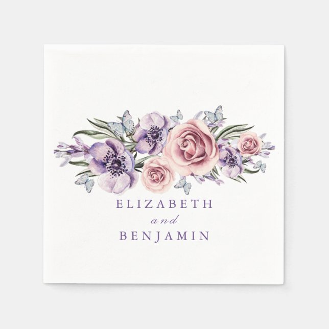 Purple Watercolor Flowers Paper Napkin (Front)