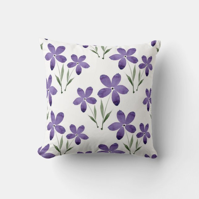 Purple Watercolor Flowers Pattern Throw Pillow (Front)