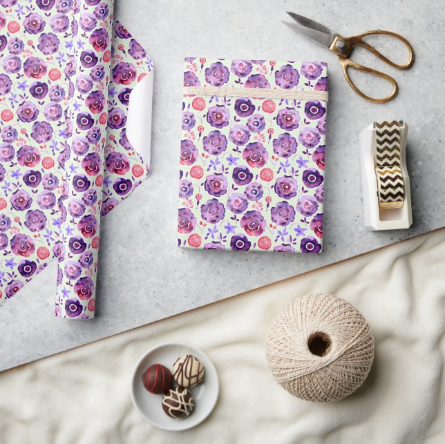 Purple watercolor flowers pattern wrapping paper (Crafts)