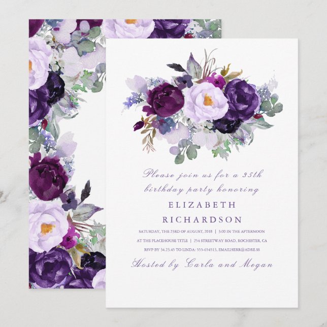 Purple Watercolor Flowers Romantic Birthday Party Invitation (Front/Back)