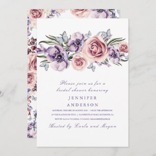 Purple Watercolor Flowers Romantic Bridal Shower Invitation