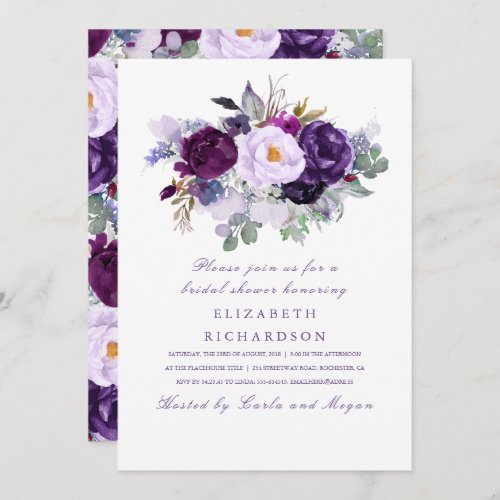 Purple Watercolor Flowers Romantic Bridal Shower Invitation