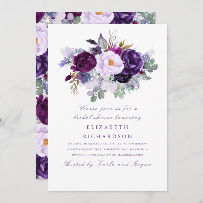Purple Watercolor Flowers Romantic Bridal Shower Invitation | Zazzle
