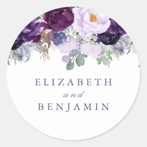 Purple Watercolor Flowers Romantic Classic Round Sticker