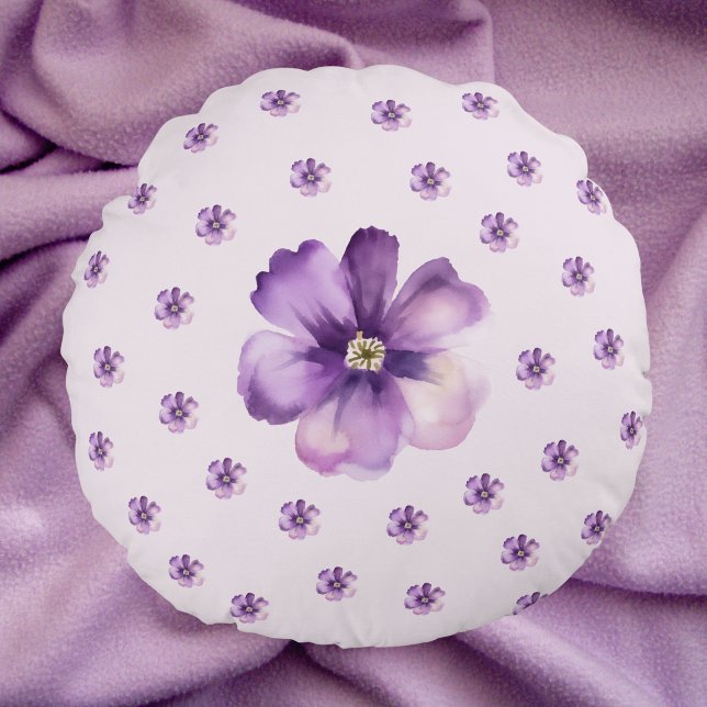 Purple Watercolor Flowers Round Pillow (Creator Uploaded)