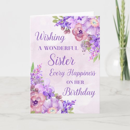 Purple Watercolor Flowers Sister Birthday Card