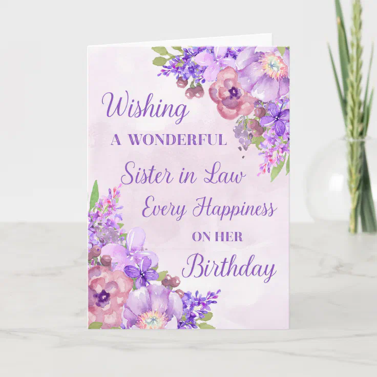 Happy Birthday Flowers Sister In Law Purple Watercolor Flowers Sister In Law Birthday Card | Zazzle