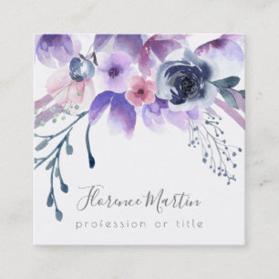 purple watercolor flowers square business card