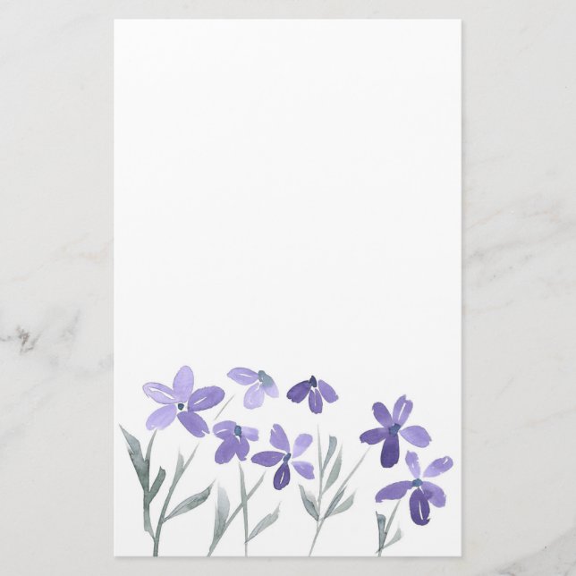 Purple Watercolor Flowers Stationery (Front)