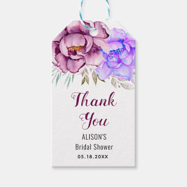 Purple watercolor flowers Thank you bridal shower Gift Tags | Zazzle