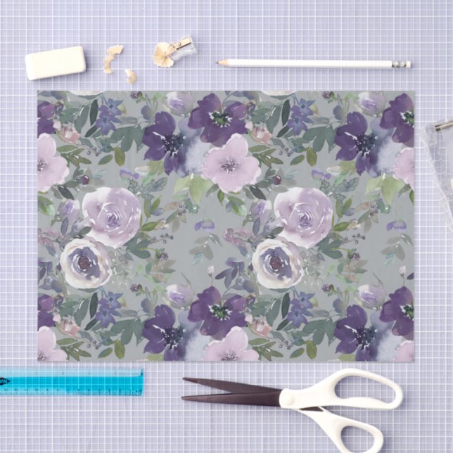 Purple Watercolor Flowers Tissue Paper (Craft)