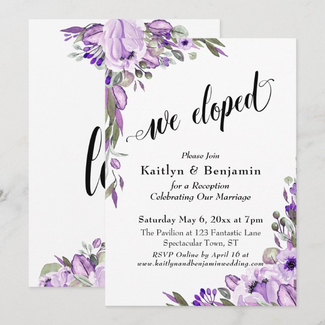 Purple Watercolor Flowers We Eloped Typography Invitation (Front/Back)