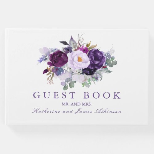 Purple Watercolor Flowers Wedding Guest Book