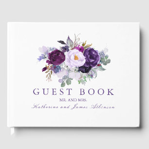Purple Watercolor Flowers Wedding Guest Book