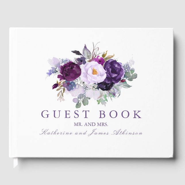 Purple Watercolor Flowers Wedding Guest Book (Front)