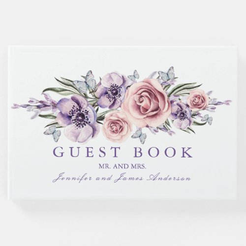 Purple Watercolor Flowers Wedding Guest Book