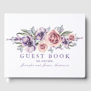 Purple Watercolor Flowers Wedding Guest Book