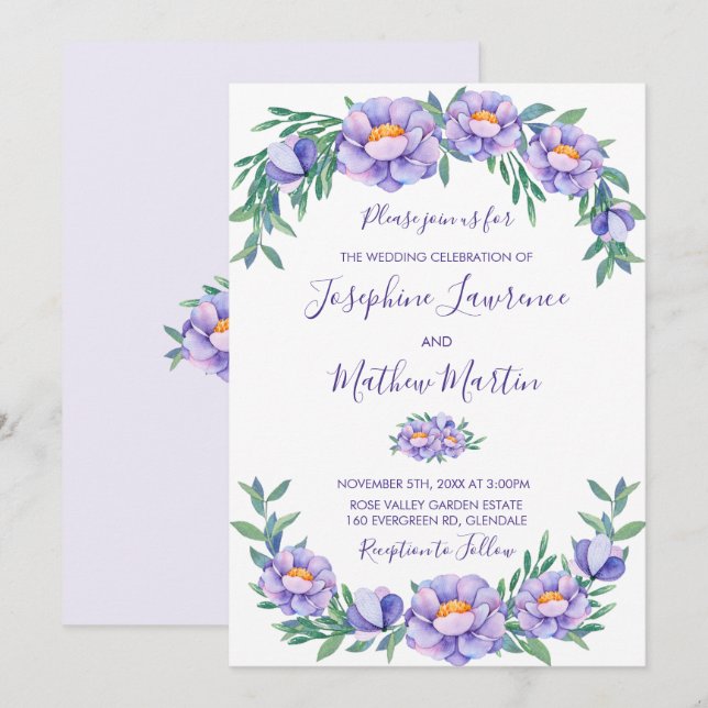 Purple Watercolor Flowers Wedding Invitations (Front/Back)