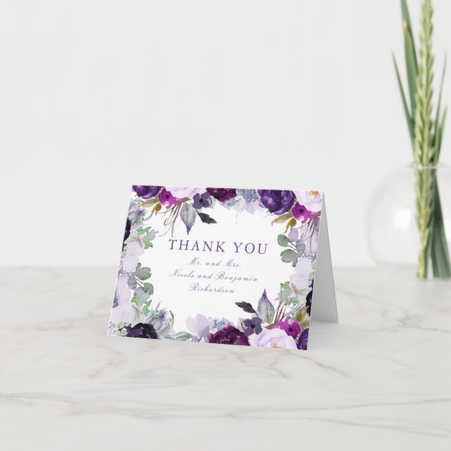 Purple Watercolor Flowers Wedding Thank You (Front)