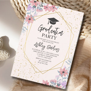 Purple watercolor flowers with gold Glitter Invitation