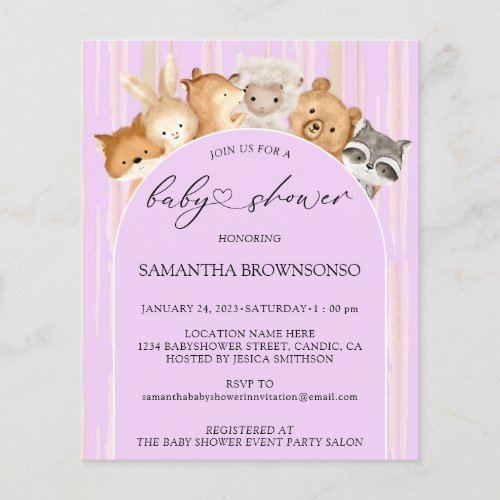 Purple Watercolor Forest Animal Baby Shower Budget Flyer