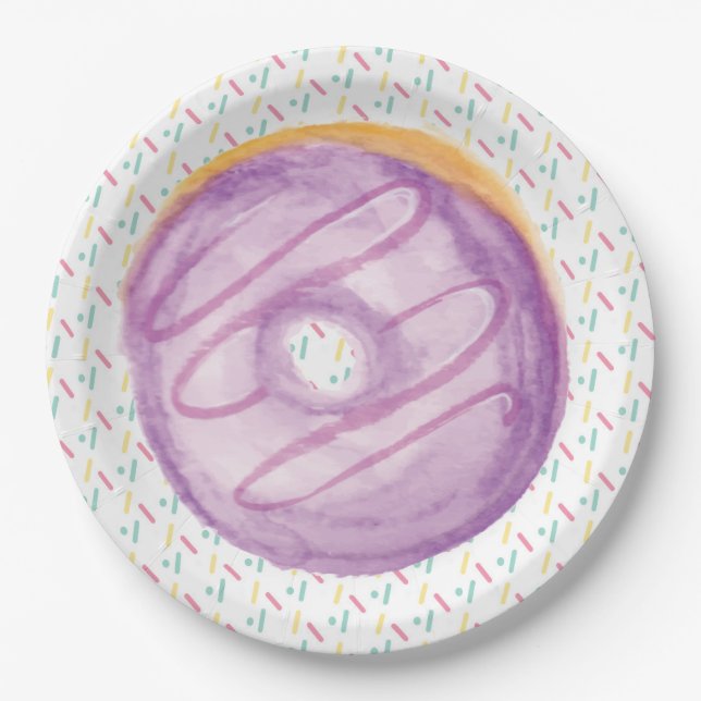 Purple Watercolor Frosted Donut and Sprinkles Paper Plates (Front)