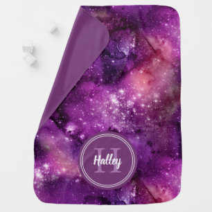 Purple Watercolor Galaxy Nebula Monogram Baby Blanket