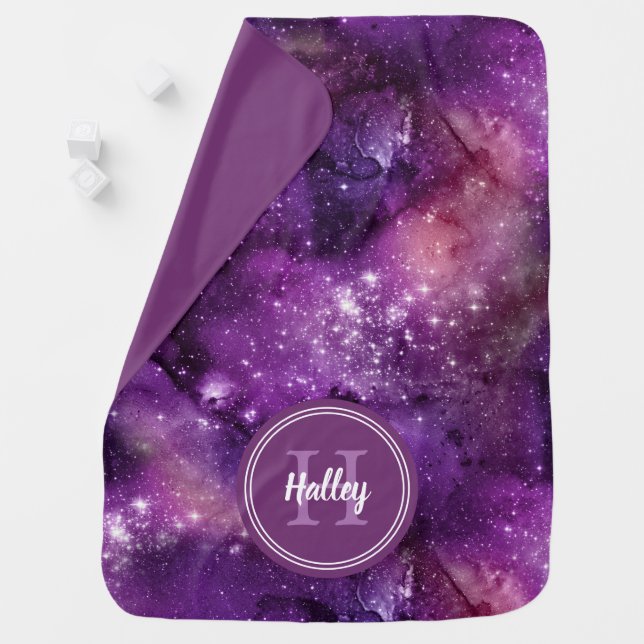 Purple Watercolor Galaxy Nebula Monogram Baby Blanket (In Situ)