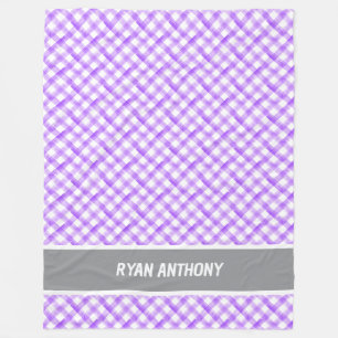 Purple Watercolor Gingham Plaid Checkered Name Fleece Blanket