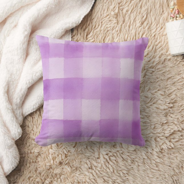 Purple Watercolor Gingham Plaid Throw Pillow (Blanket)