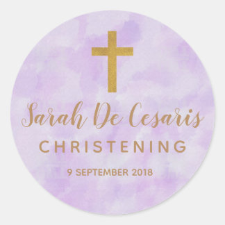 Purple Watercolor Gold Cross Christening sticker